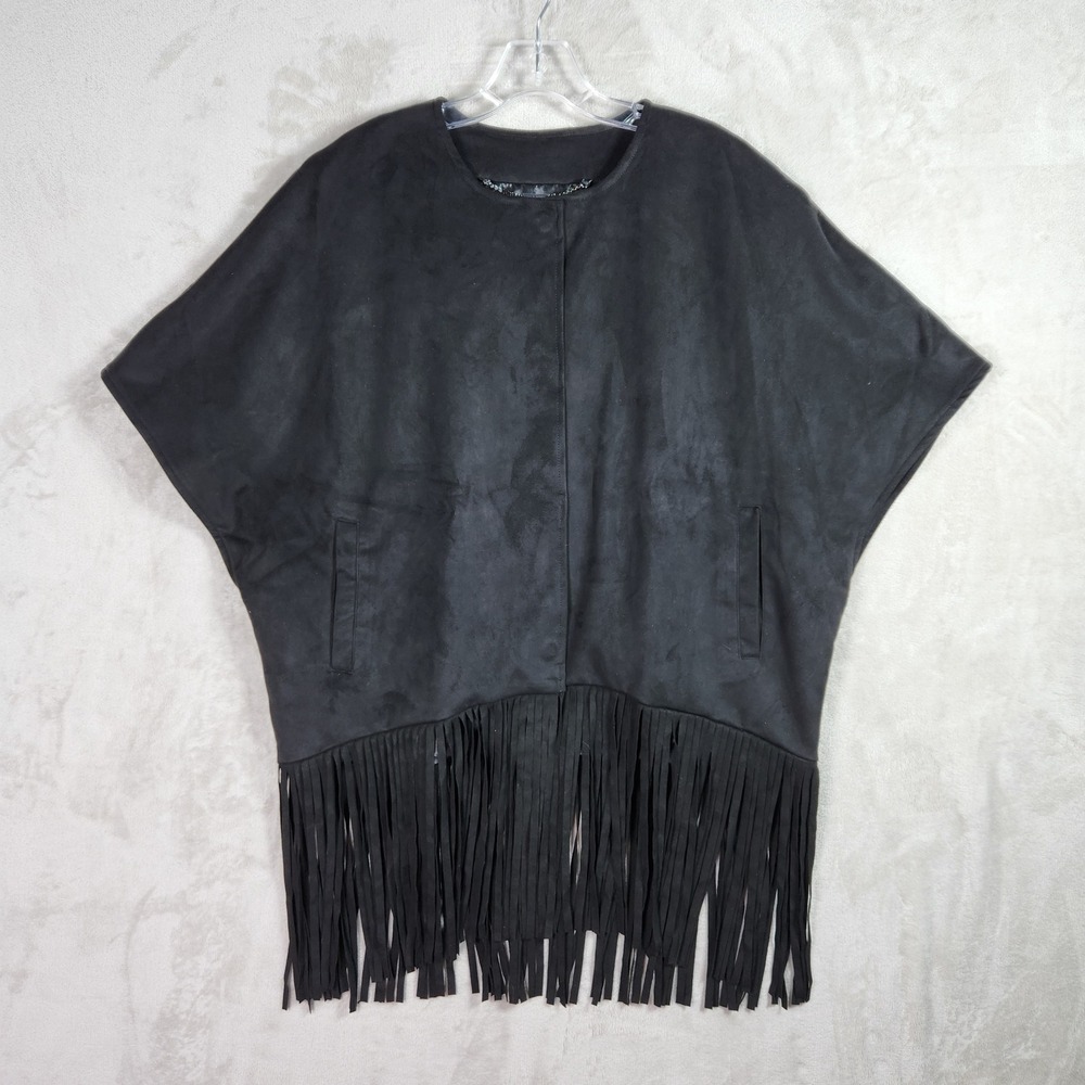 Dennis Basso Faux Suede Shawl Womens XS Black Fringe Western Rodeo Boho A615651